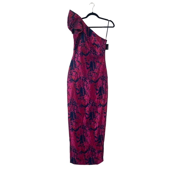 Pamella Roland Pink Navy Blue One Shoulder Floral Jacquard Evening Column Gown - Picture 2 of 13